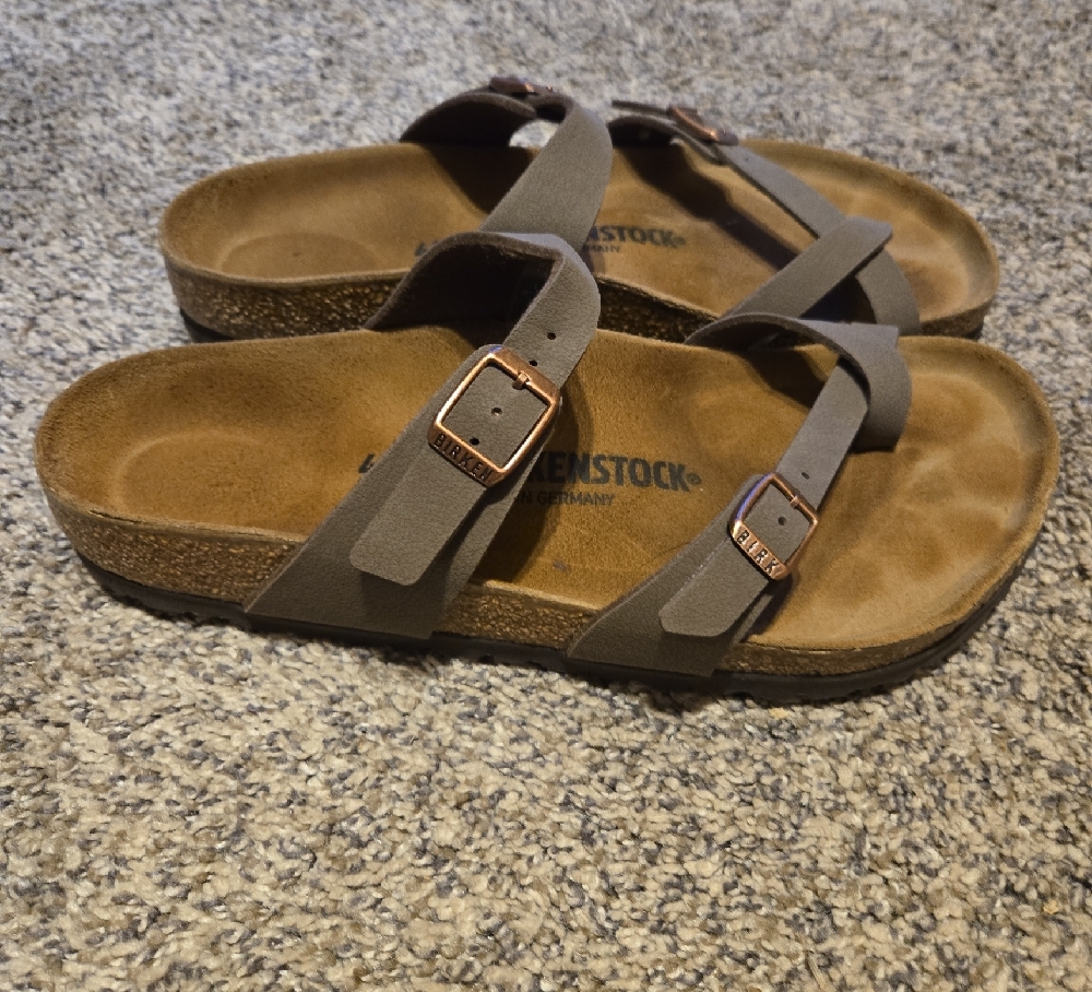 Birkenstock Gray Sandals with Brown Sole